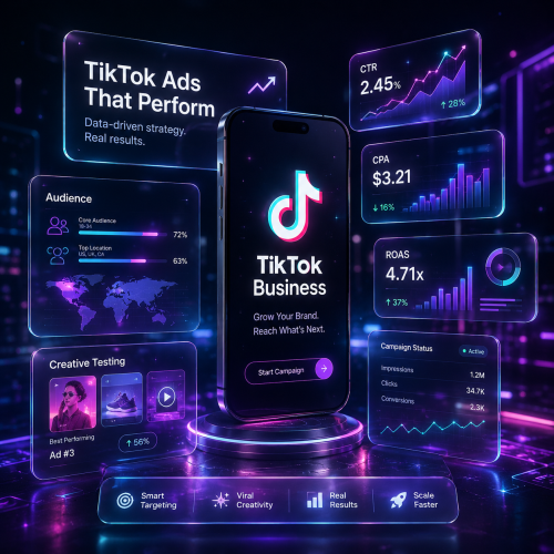 GrowifyLab TikTok Ads dashboard showing performance metrics, mobile interface, and AI-powered tools for TikTok Business Account growth and content optimization