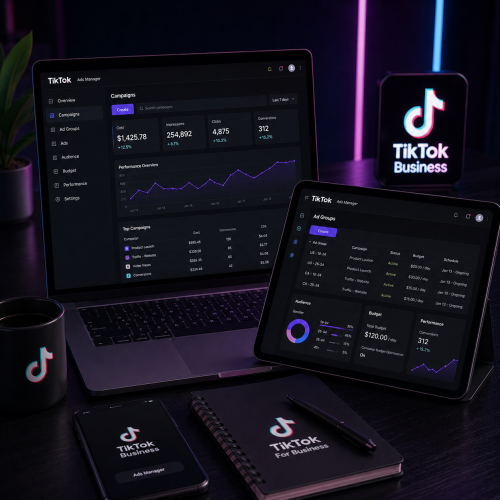 GrowifyLab TikTok dashboard displayed on multiple devices, showing analytics, growth tracking, and AI-powered tools for TikTok Business Account optimization