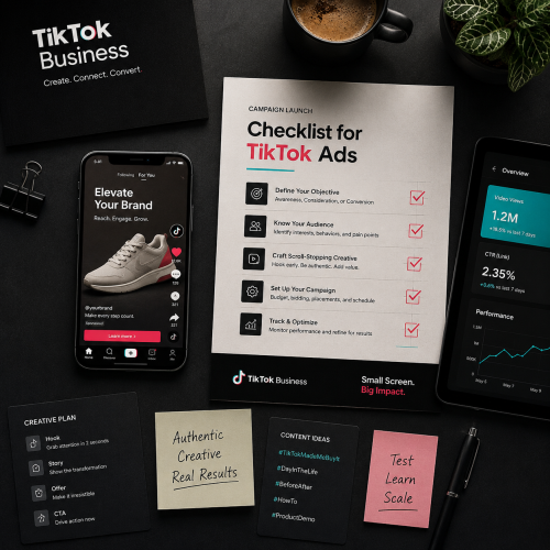 GrowifyLab TikTok Ads checklist and mobile interface showing step-by-step TikTok Business Account setup, advertising tips, and growth strategies